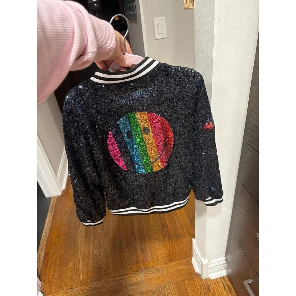 Lola + The Boys is a sequined bomber style black base smiley face girls 8